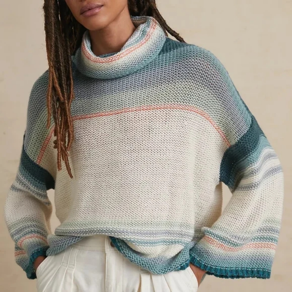 Anthropologie Cowl Neck Knit Sweater with 3/4 Sleeves and Stripes
